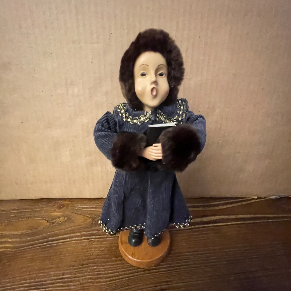 Vintage Victorian Christmas Caroler Girl Figure Blue Corduroy Winter Hood 9"